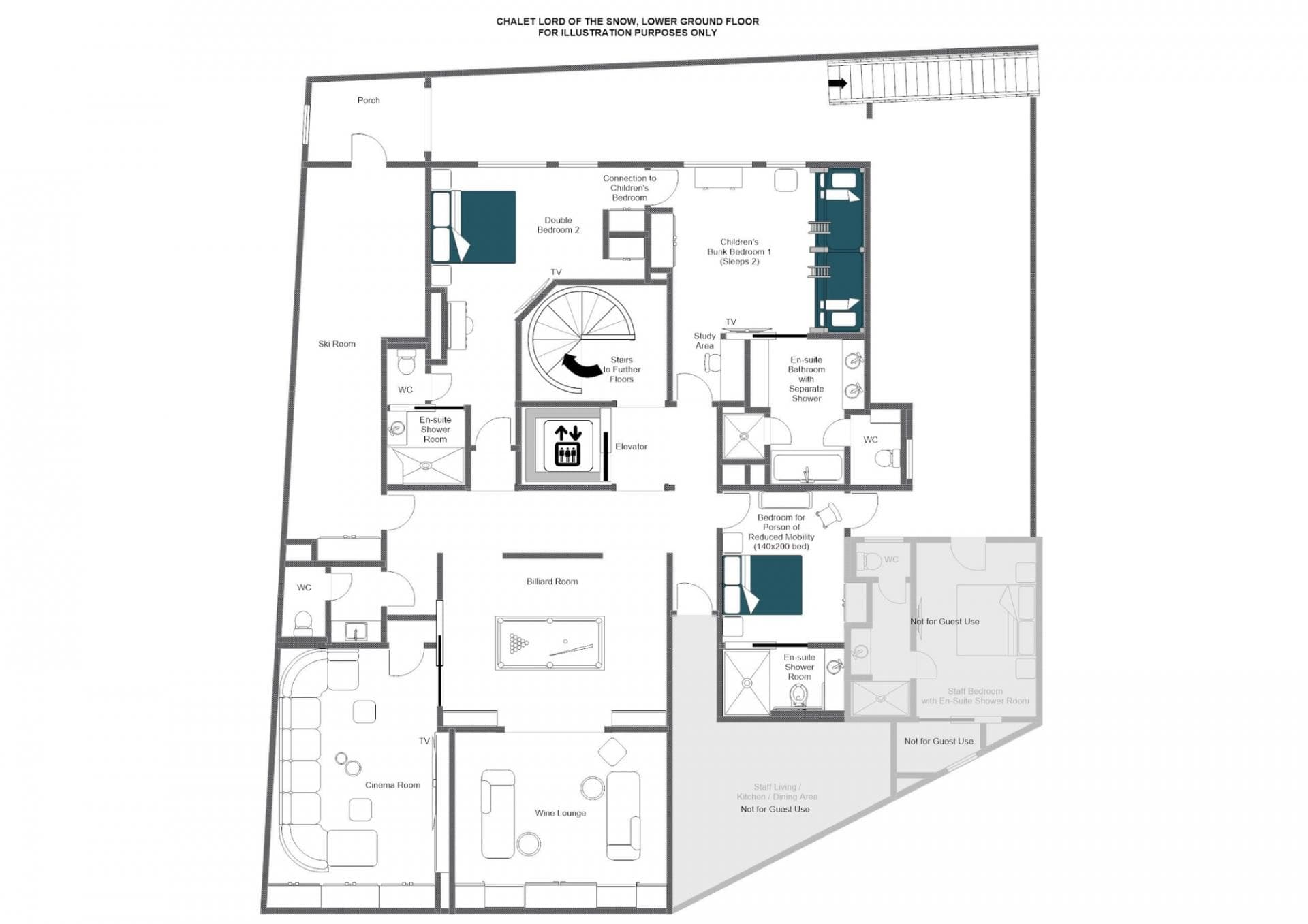 Lower ground floor plan: cinema, wine lounge, billiard room, and three ensuite bedrooms