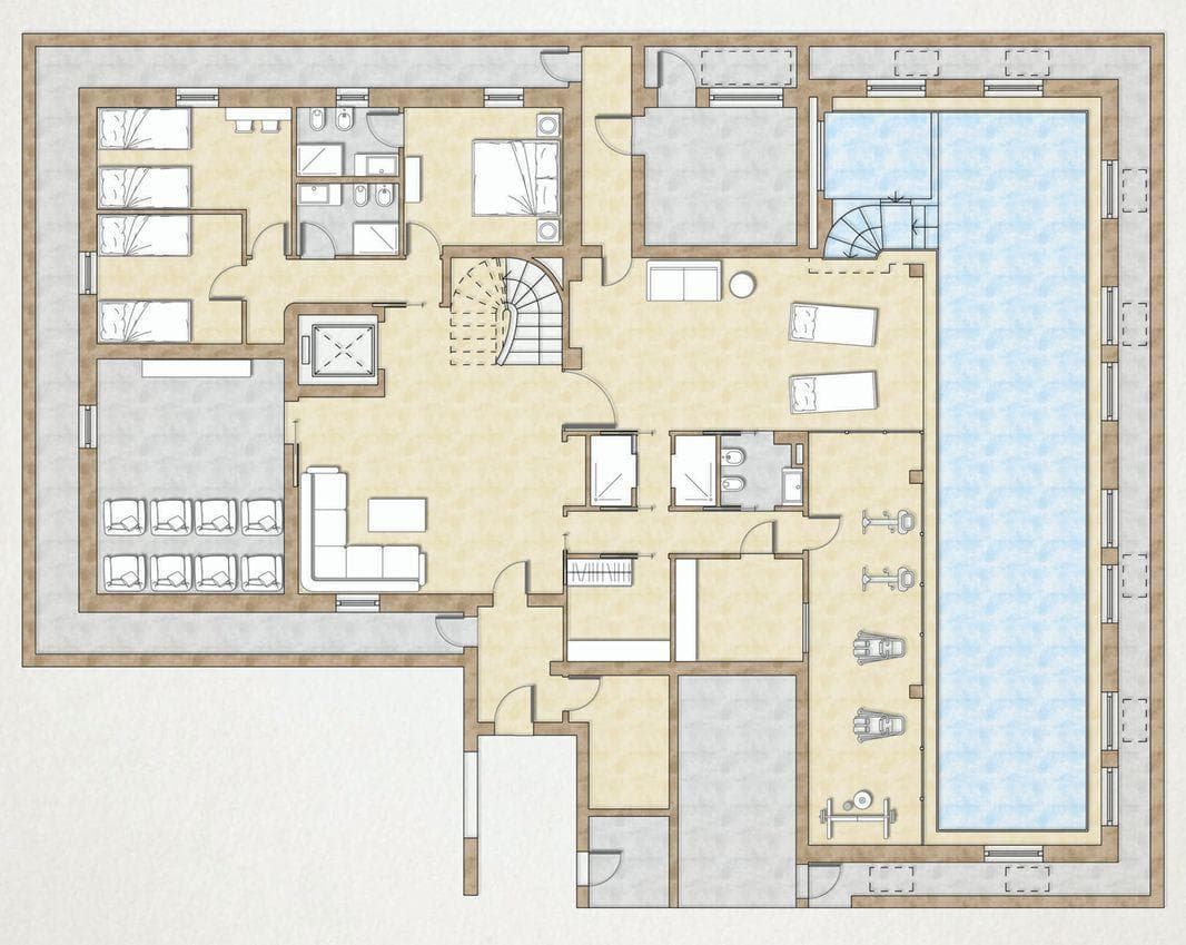 Lower level floor plan: lap pool, gym, cinema room, and bunk bedroom