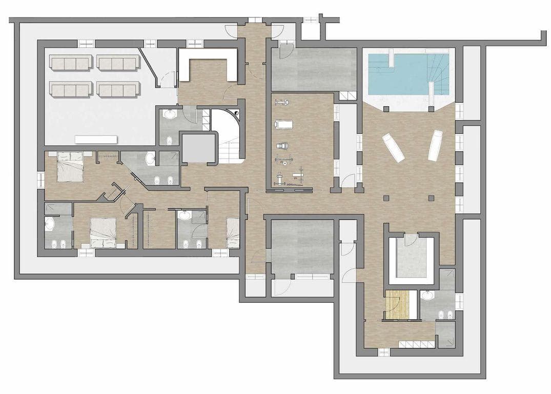 Lower level floor plan: pool, gym, cinema room, and three bedrooms