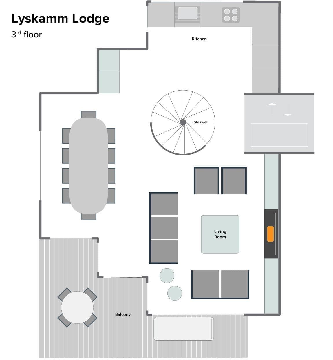 Third floor plan: open-concept kitchen, dining, living room, and balcony