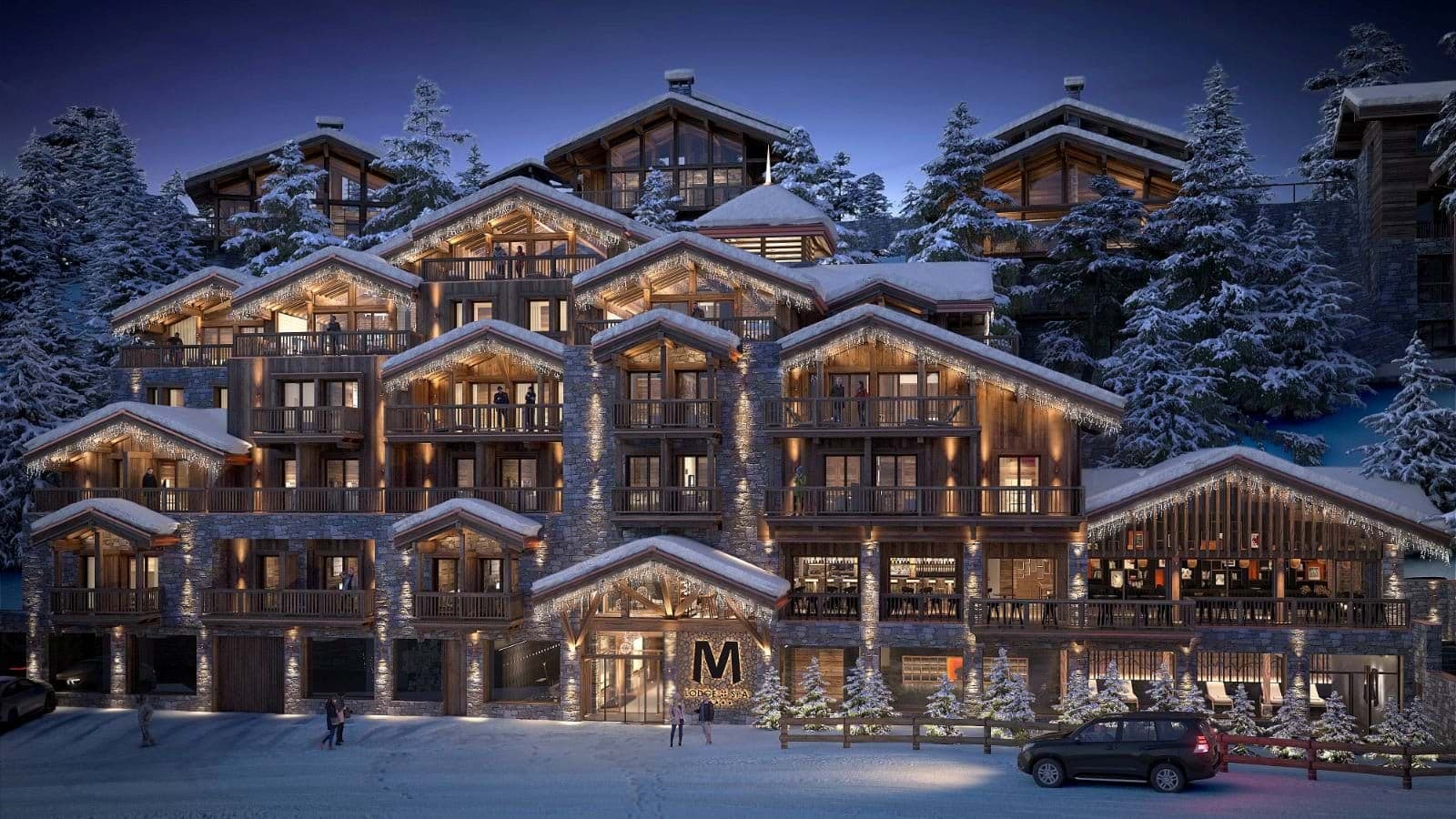 Ski-in lodge exterior with private balconies and on-site restaurant bar
