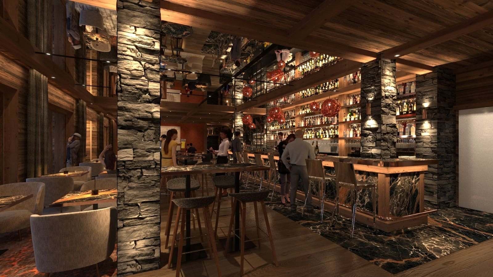 Lower level bar with marble counters and wood-beamed mirrored ceiling