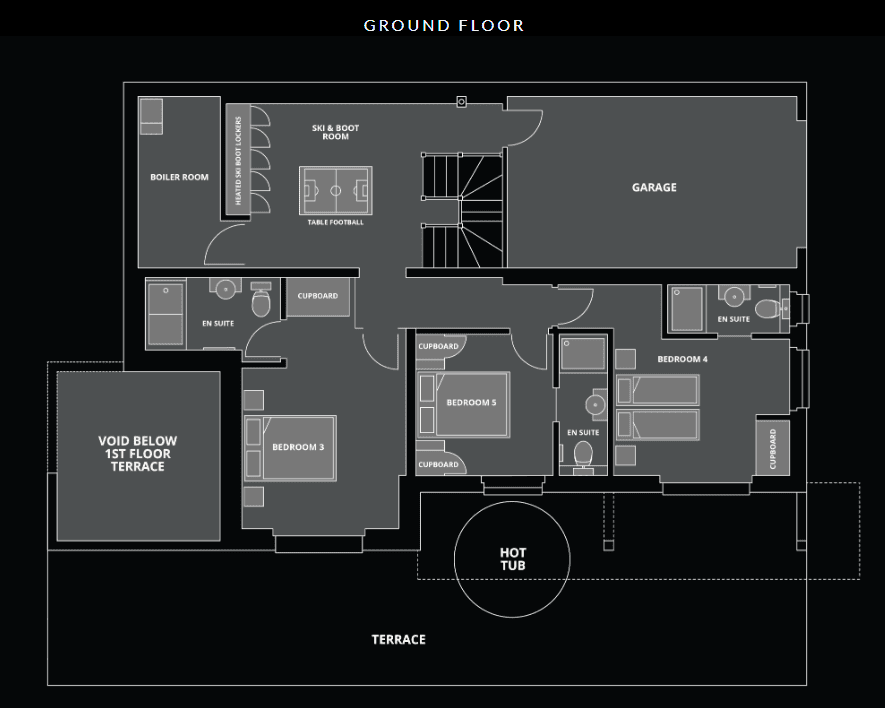 Ground floor plan: three ensuite bedrooms, garage, ski room, and terrace with hot tub