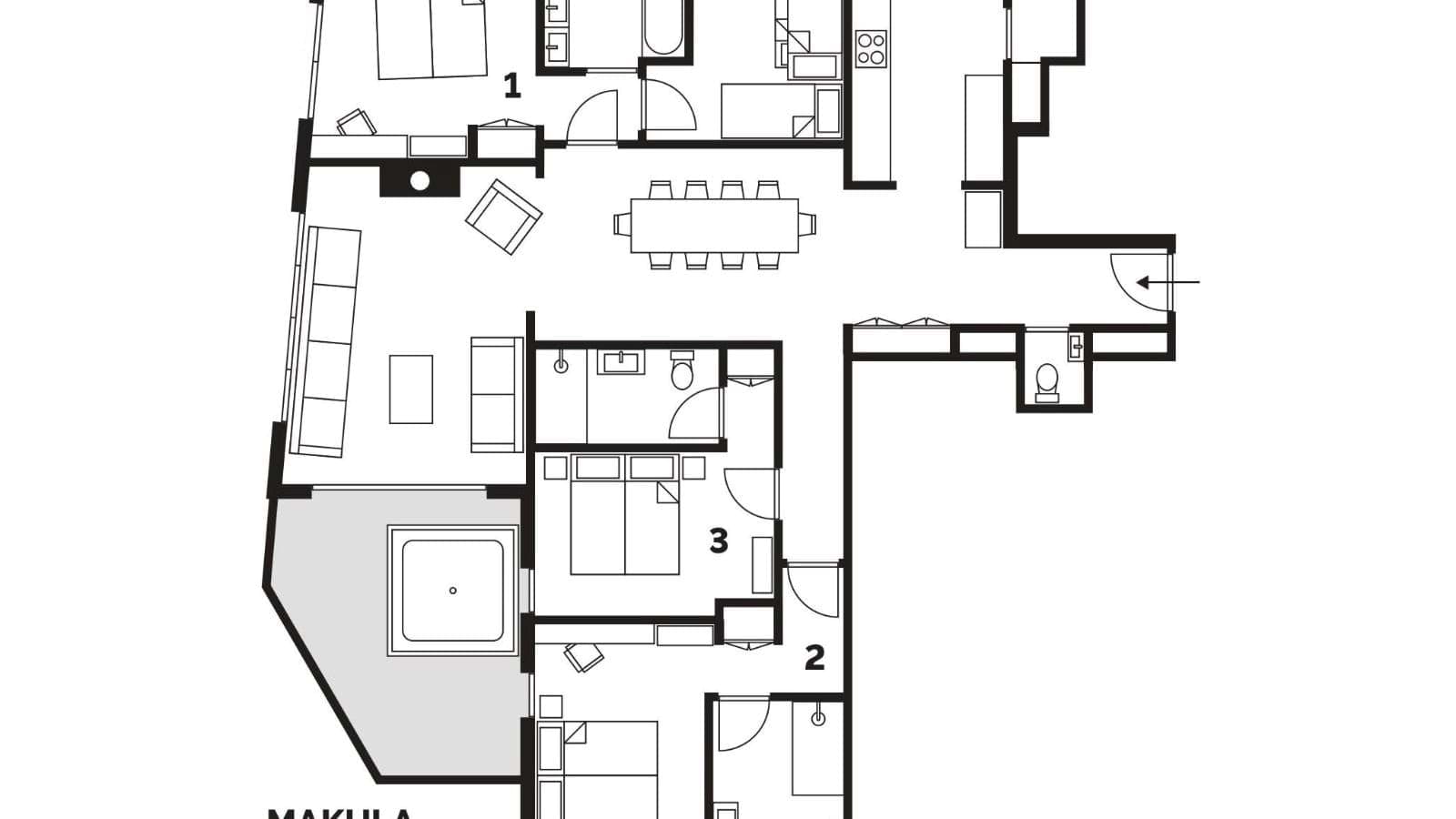 Floor plan: three bedrooms, open living area, and balcony with hot tub