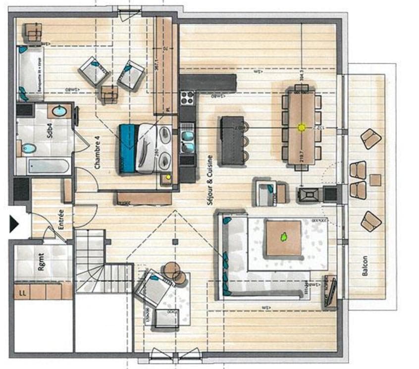 Floor plan: open-plan living, en-suite bedroom, and balcony with outdoor seating