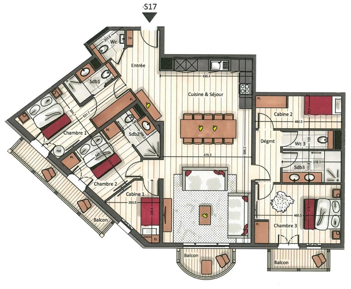 Floor plan: three bedrooms, two cabins, open-plan living area, and three balconies
