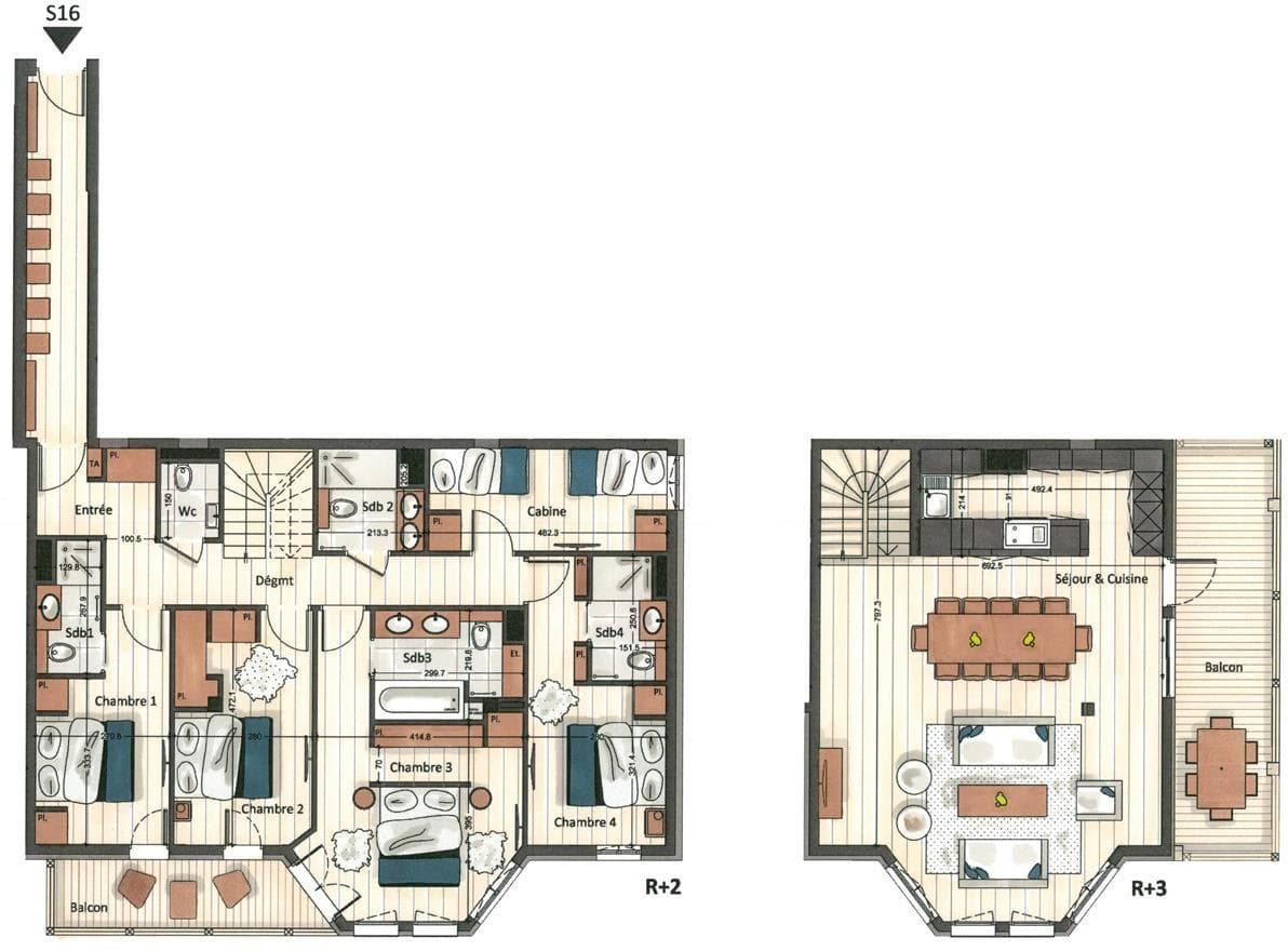 Two-level floor plan featuring four bedrooms, bunk cabin, and balconies on both floors