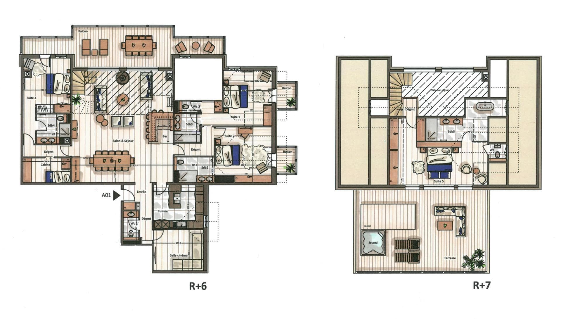Two-story floor plan: four en-suite bedrooms, cinema room, and upper terrace with jacuzzi