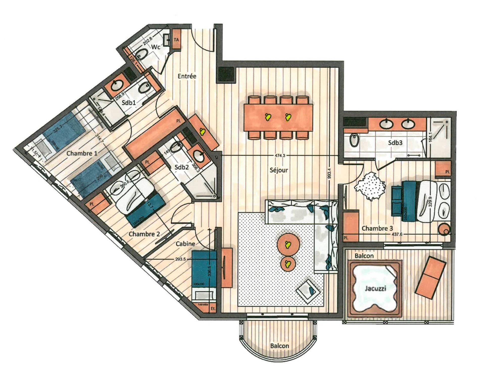 Floor plan: three bedrooms, bunk room, and balcony with jacuzzi
