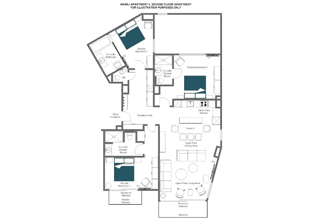 Second floor plan: three en-suite bedrooms and open-plan living with balcony access