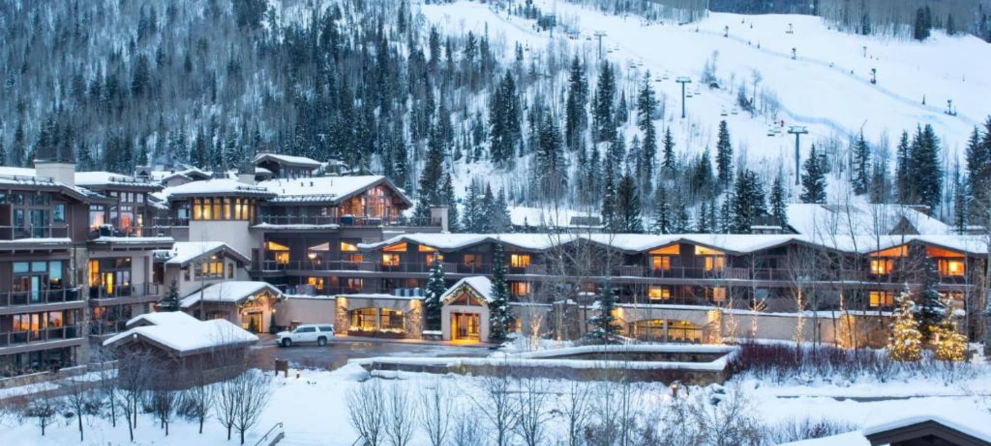 Ski-in, ski-out resort exterior with direct access to mountain lifts