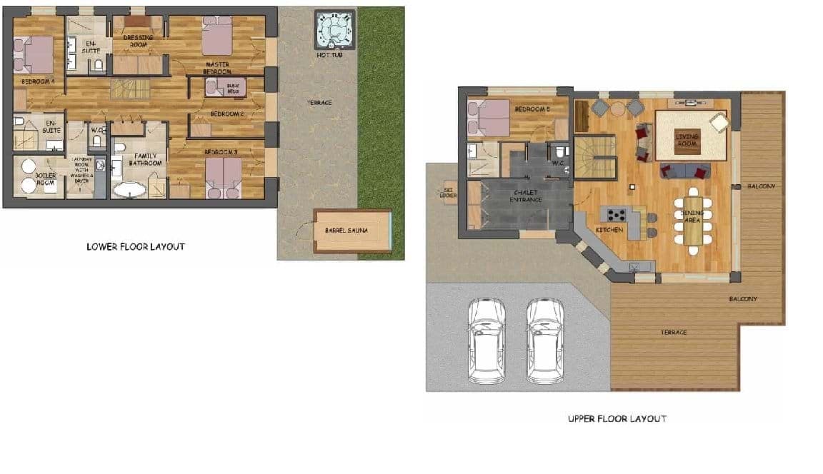Floor plans for lower and upper levels featuring five bedrooms and barrel sauna