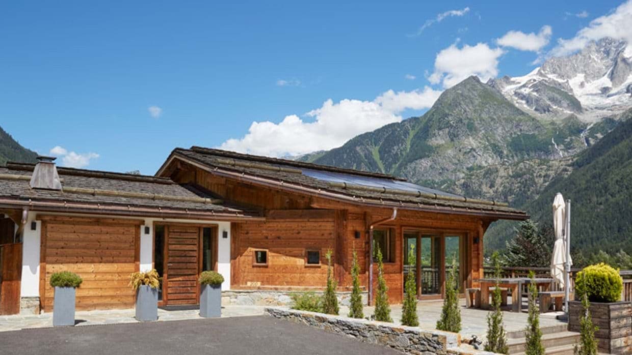 Chalet entrance and sun terrace with Mont Blanc views