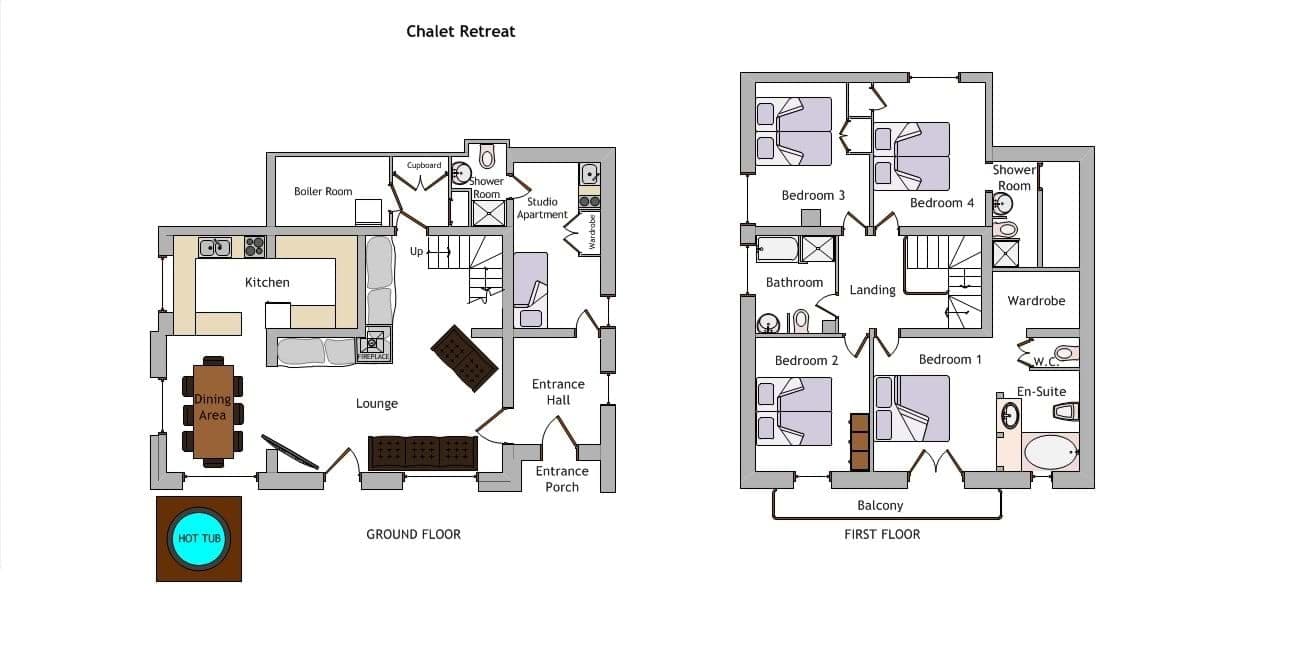 Two-story floor plan with five bedrooms including ground floor studio apartment