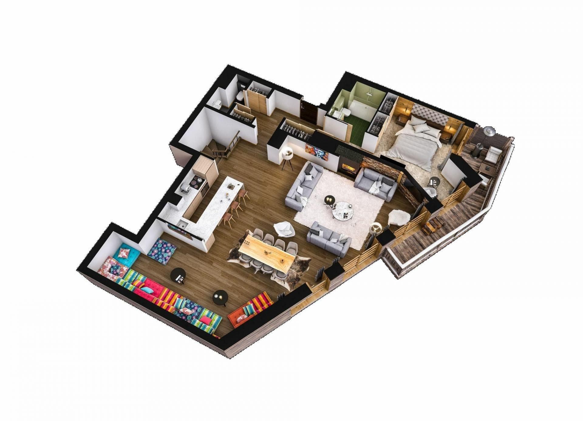 Floor plan: open-plan living, dining, kitchen, and en-suite primary bedroom with private balcony