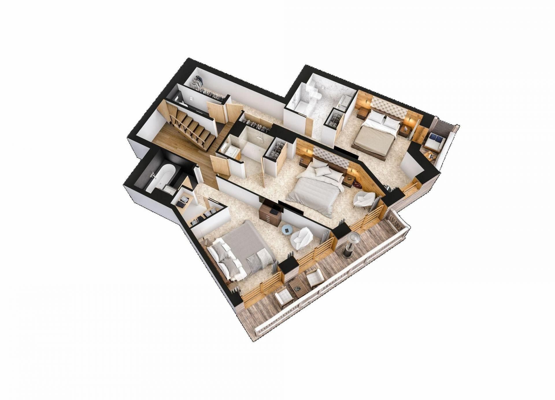 Upper floor layout: three ensuite bedrooms with private balcony access