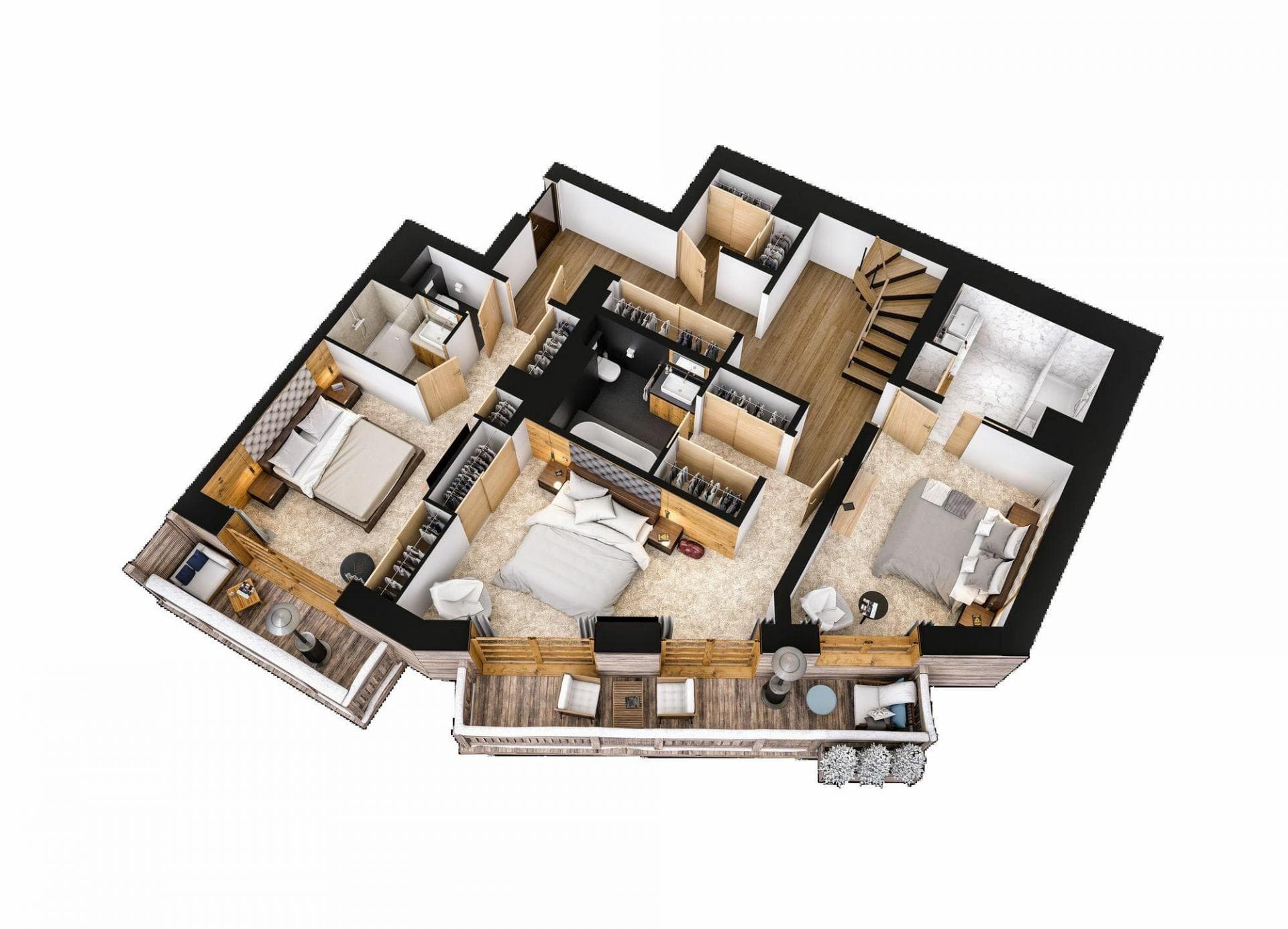 Upper floor layout: three bedrooms with ensuite bathrooms and private balcony access