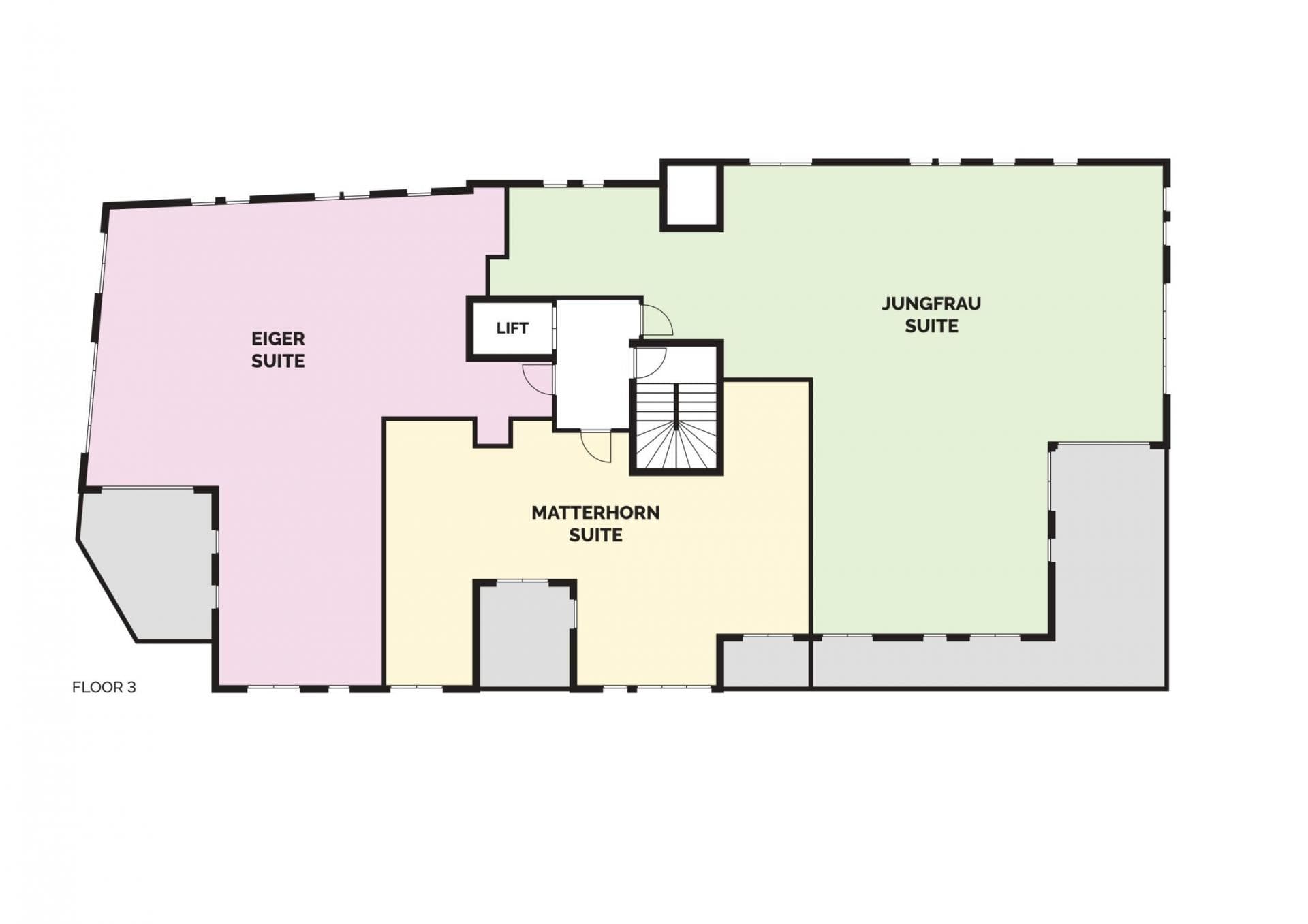 Floor 3 plan: Eiger, Matterhorn, and Jungfrau suites with lift and stair access