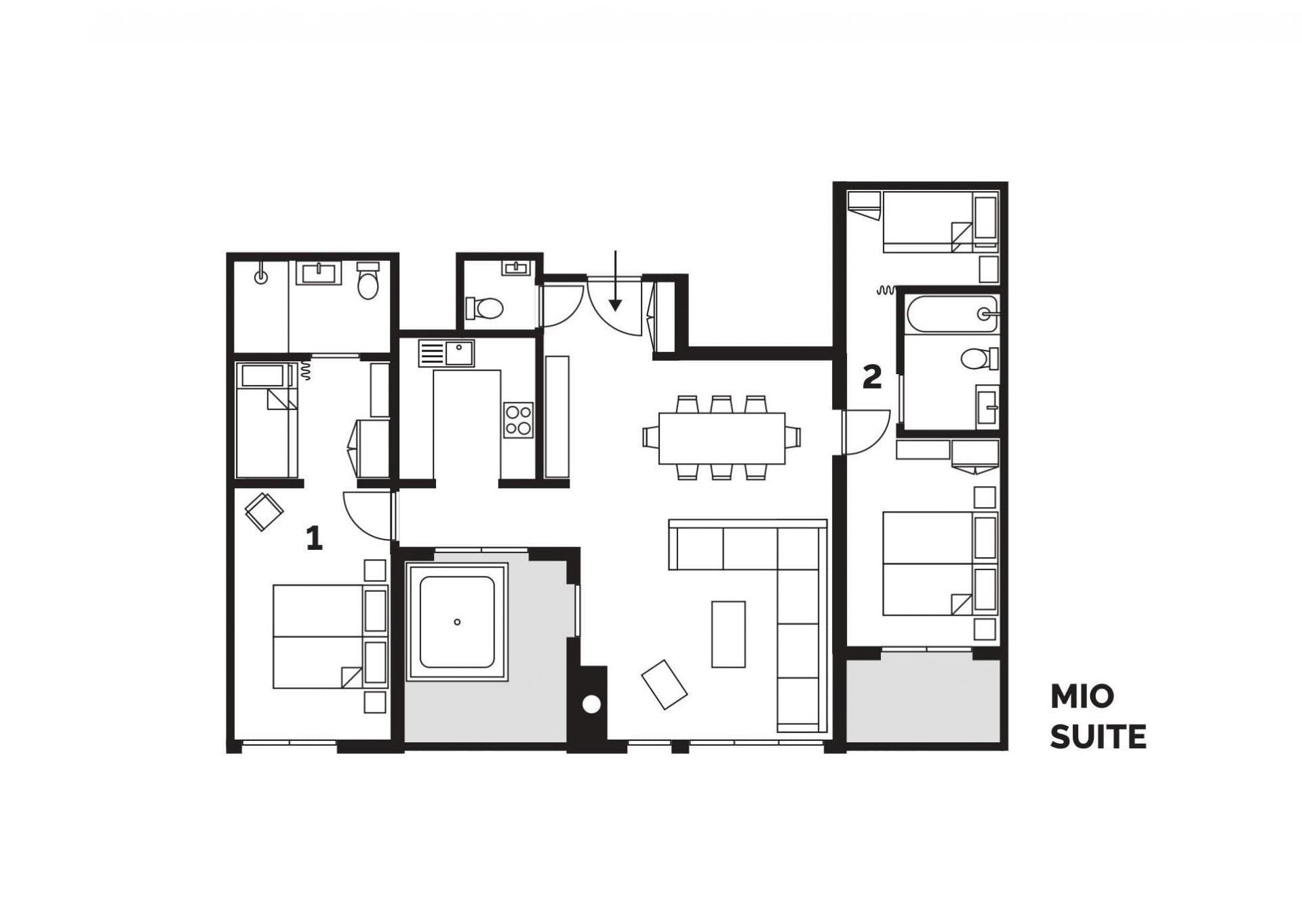 Mio Suite floor plan: two bedrooms, two bathrooms, and open-plan living area