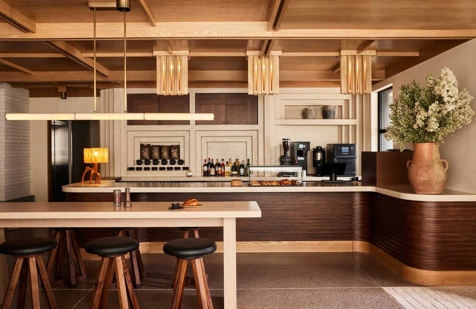 Coffee bar and breakfast counter with professional espresso machine