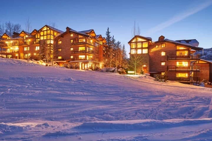Ski-in, ski-out lodge exterior with direct access to groomed trails
