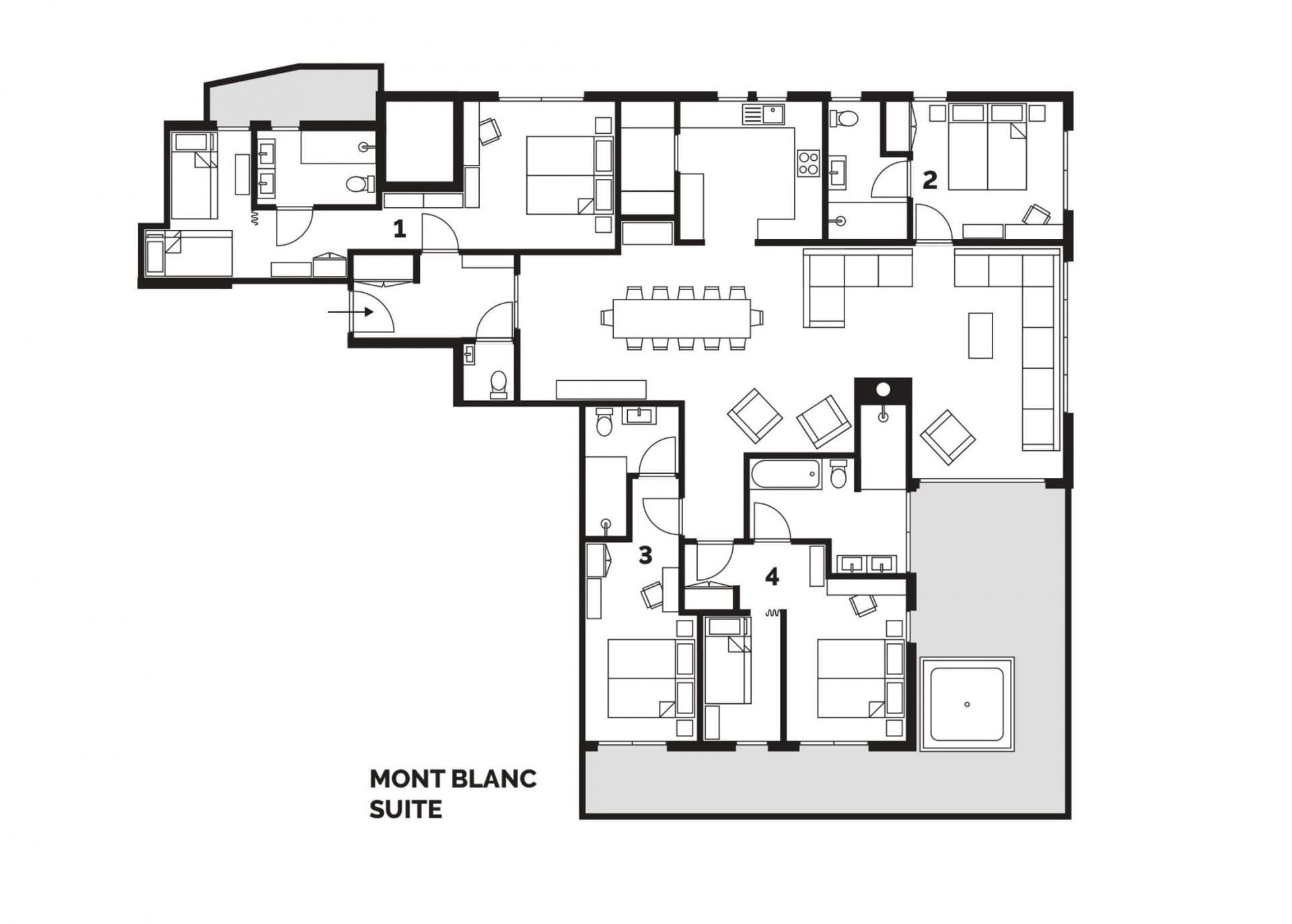 Floor plan: four bedrooms, open living area, and terrace with hot tub