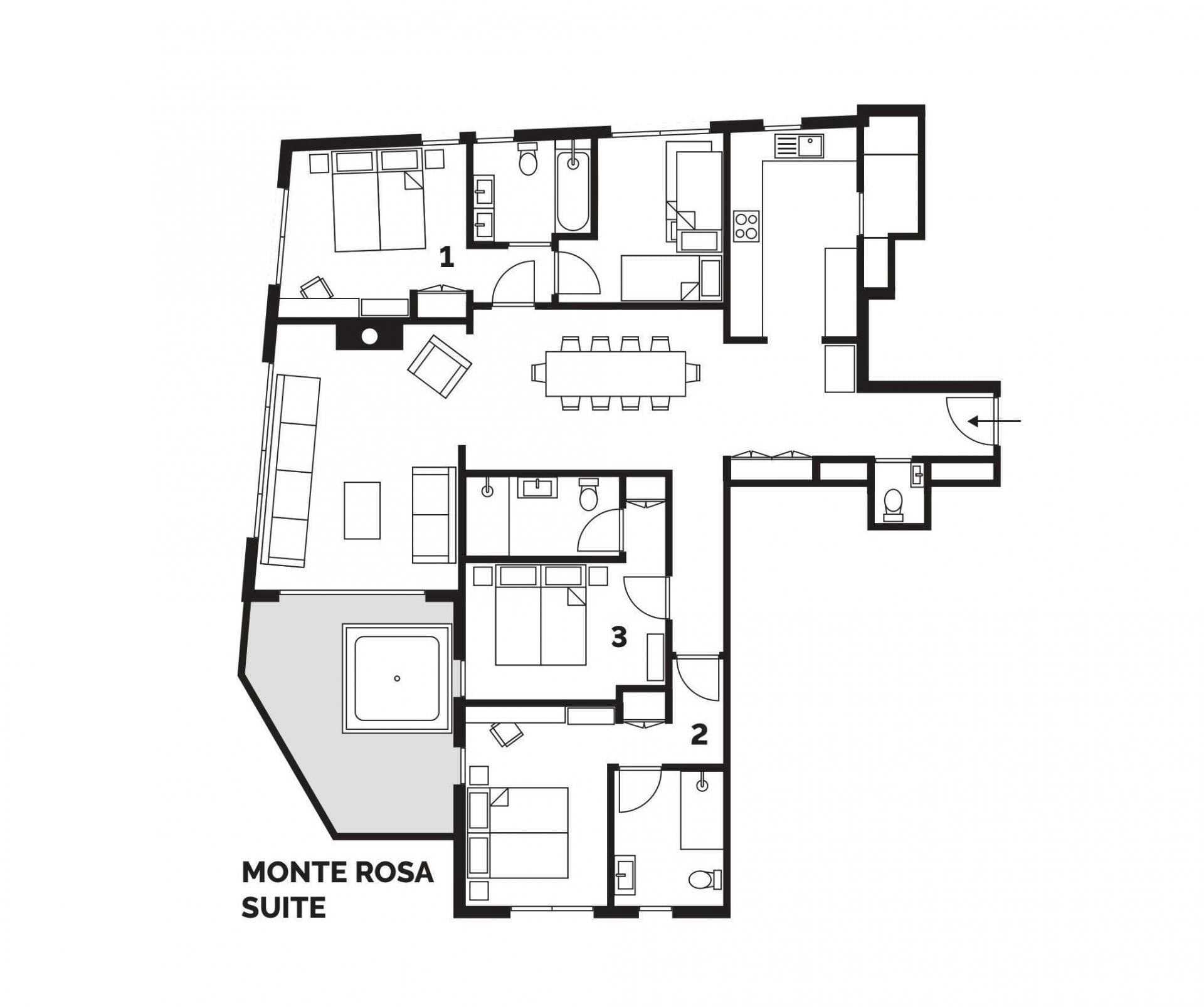 Monte Rosa Suite floor plan: three bedrooms, private terrace with hot tub
