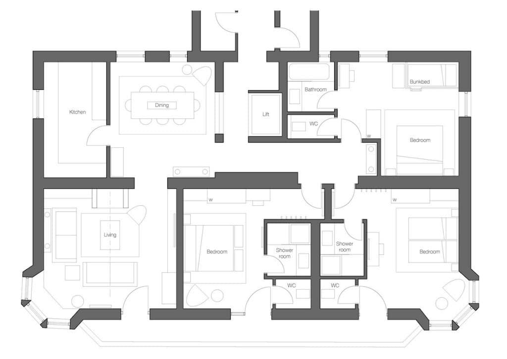 Floor plan: three bedrooms plus bunk room, kitchen, dining, and elevator access