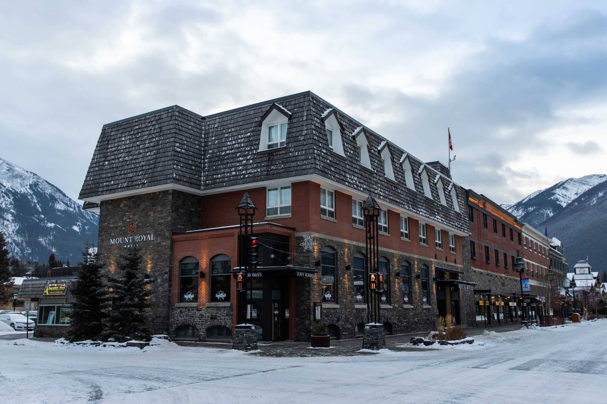 Mount Royal Hotel exterior featuring on-site dining and mountain views