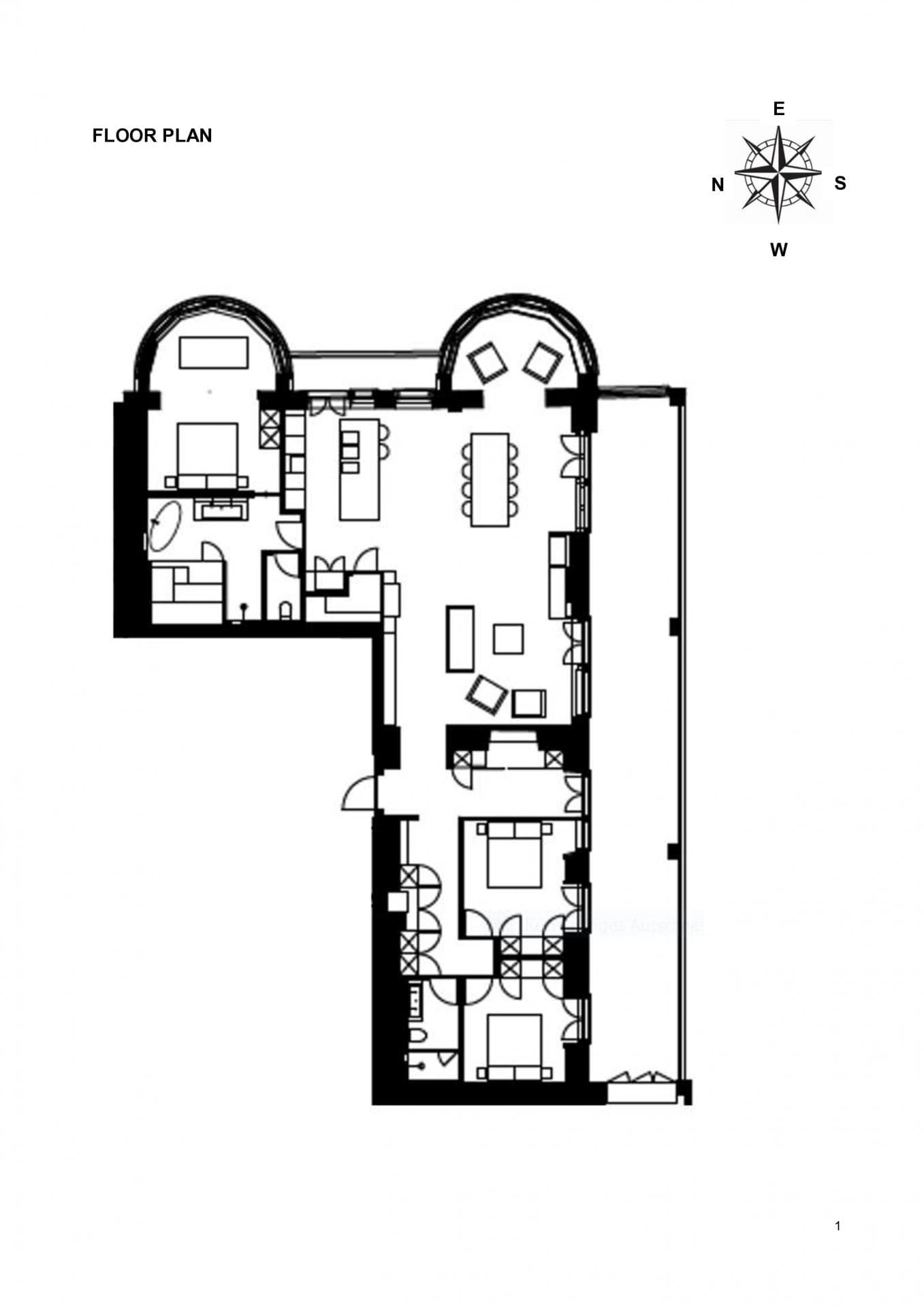Floor plan: three bedrooms, open kitchen with island, and full-length balcony