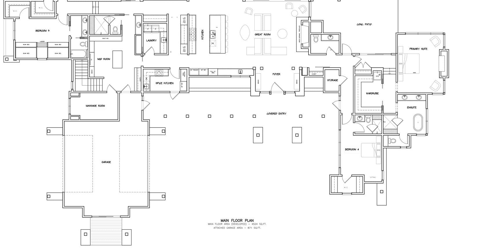 Main floor plan with 4,524 square feet and dedicated massage room