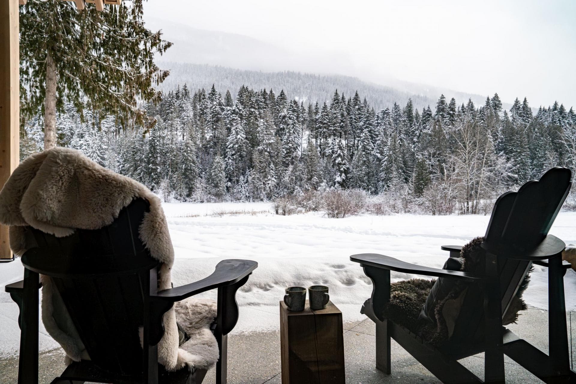 Covered patio with Adirondack seating and mountain forest view