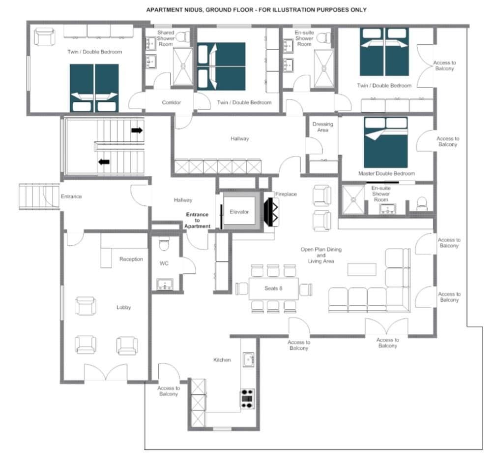 Ground floor layout: four bedrooms, elevator access, and open-plan living with balcony