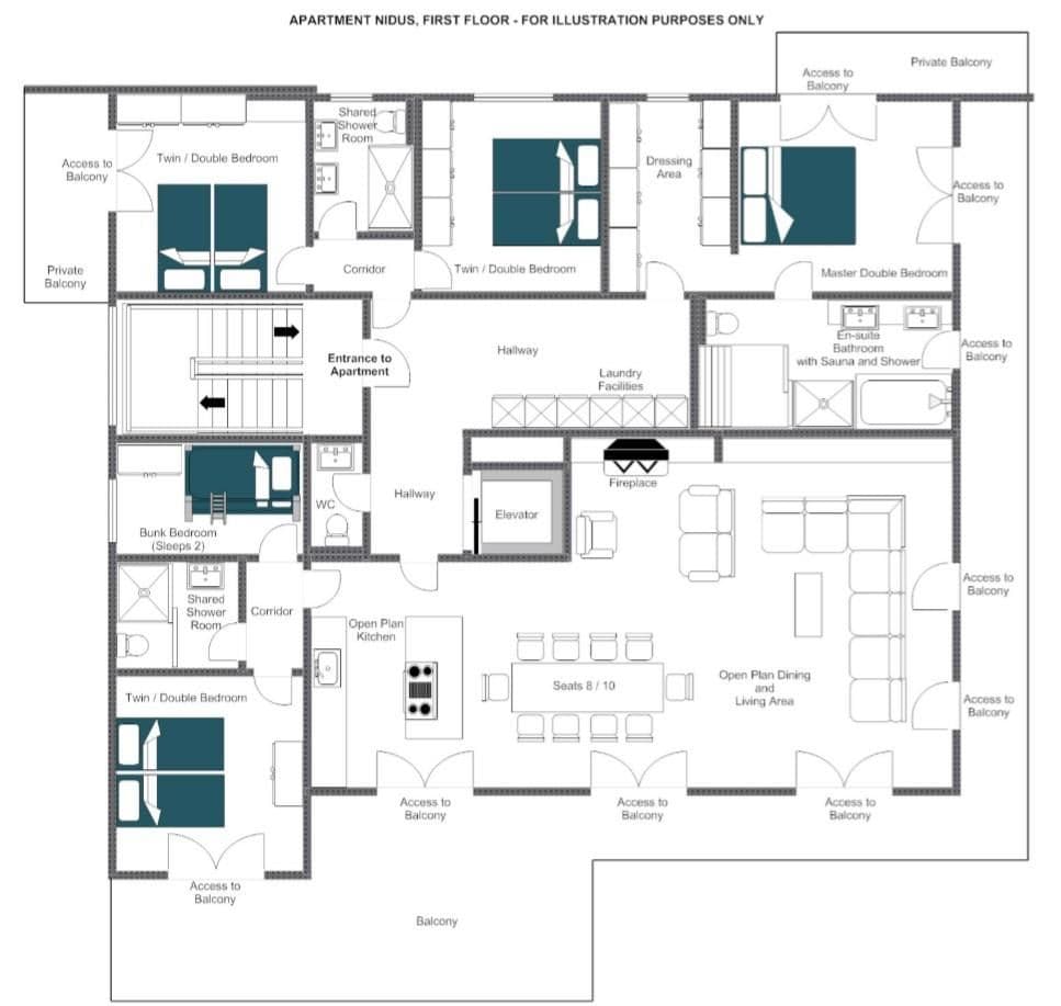 First floor plan: open-plan kitchen and dining, fireplace, multiple bedrooms, laundry facilities