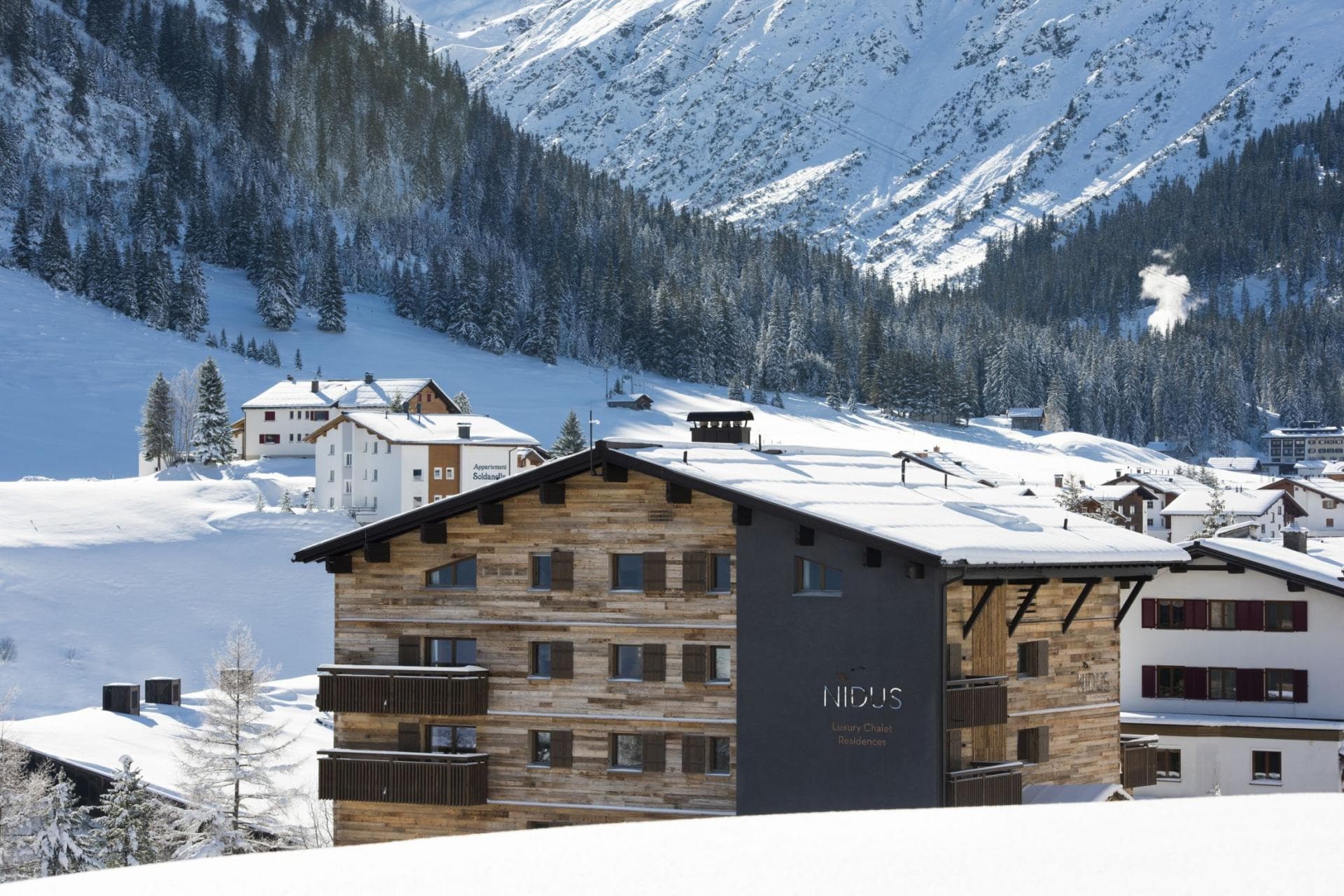 Chalet exterior with wood-and-stone facade; valley and forested mountain views