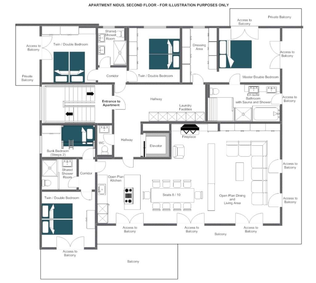 Second floor plan: four bedrooms, sauna, elevator, and open-plan living with fireplace