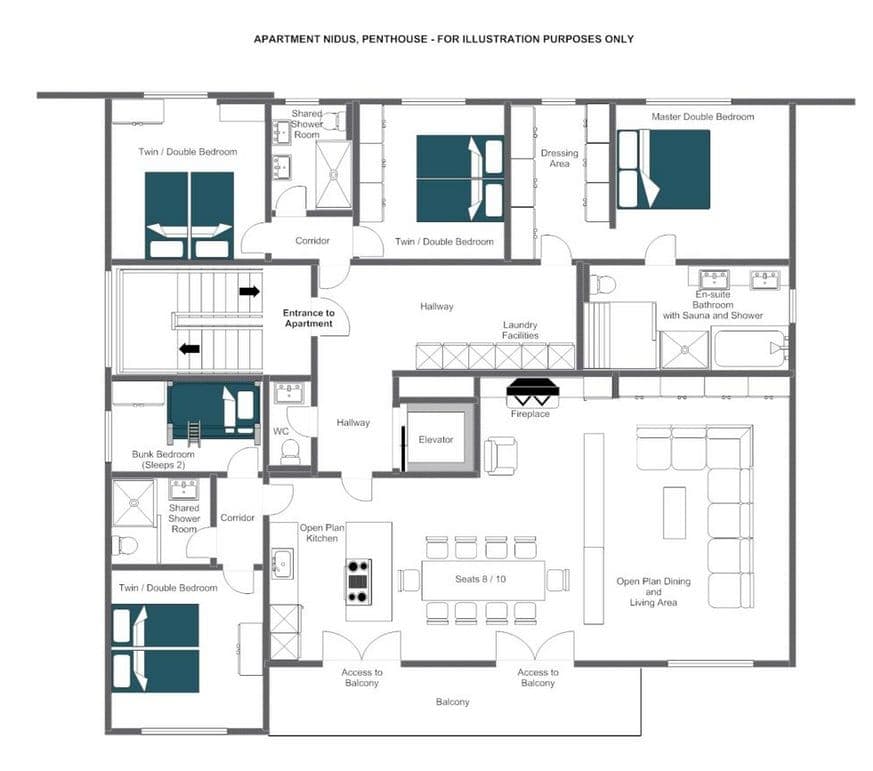 Penthouse floor plan: four bedrooms, private sauna, elevator access, and balcony
