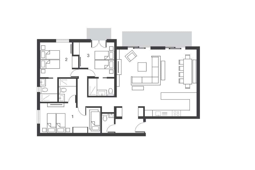 Floor plan: three bedrooms, two bathrooms, and open-plan kitchen and living area