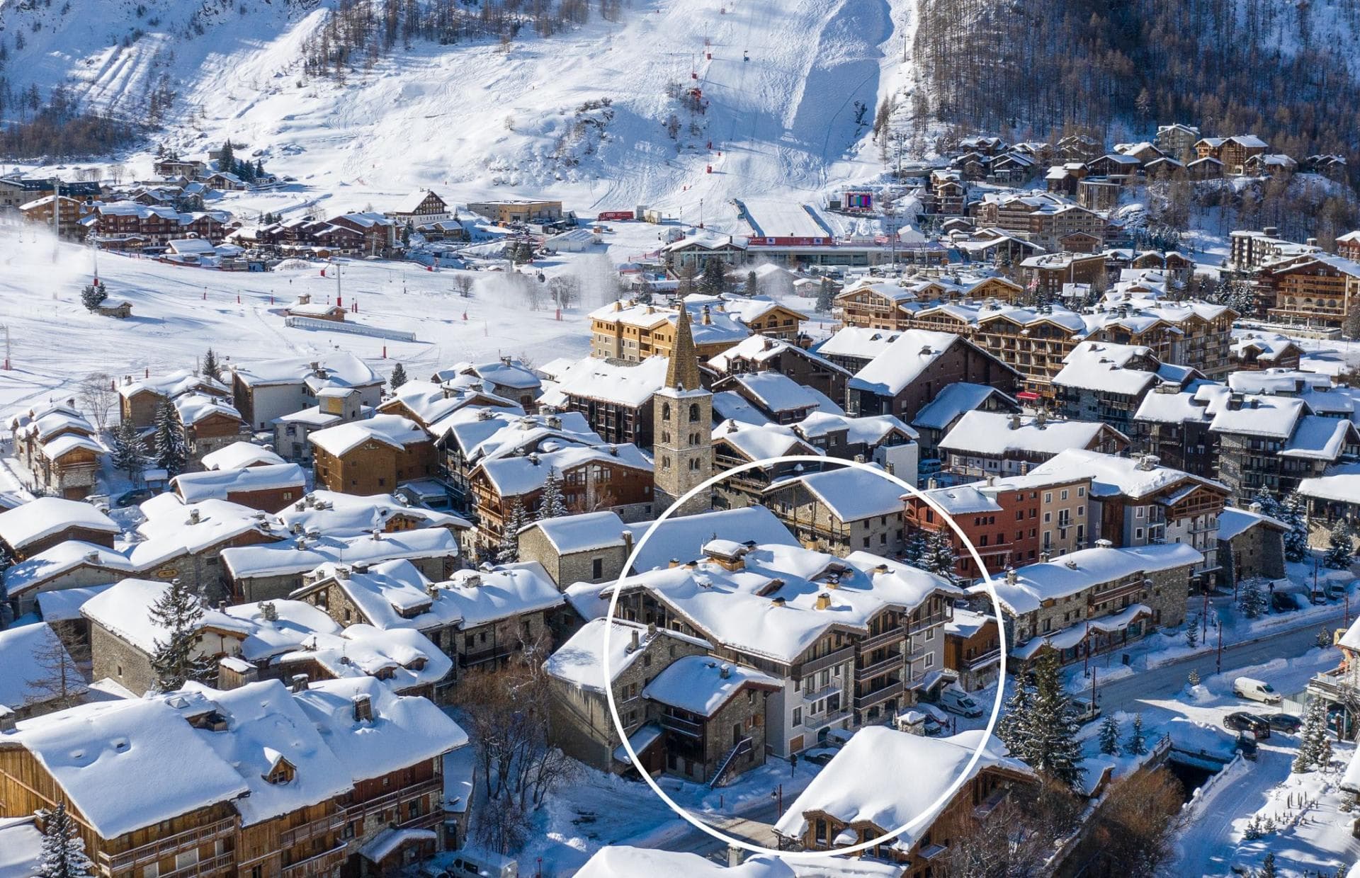 Aerial view of chalet location within walking distance of ski lifts