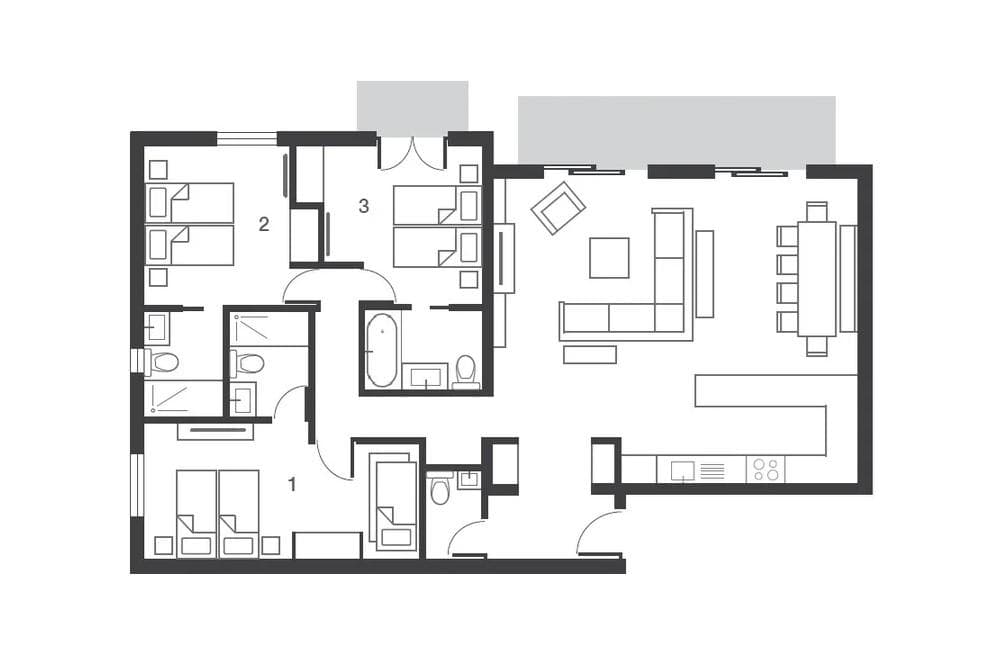Floor plan: three bedrooms, open-plan living area, and outdoor terrace