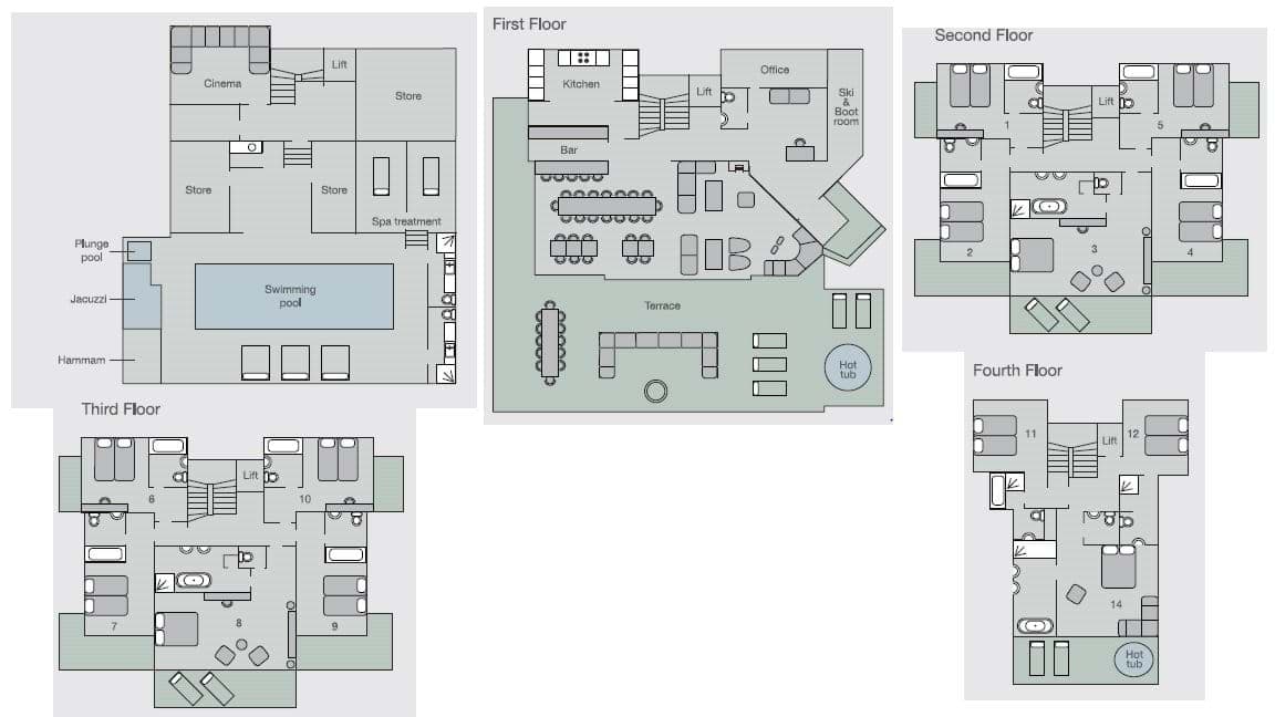 Five-floor plan: cinema, indoor pool, terrace with hot tub, and 14 bedrooms