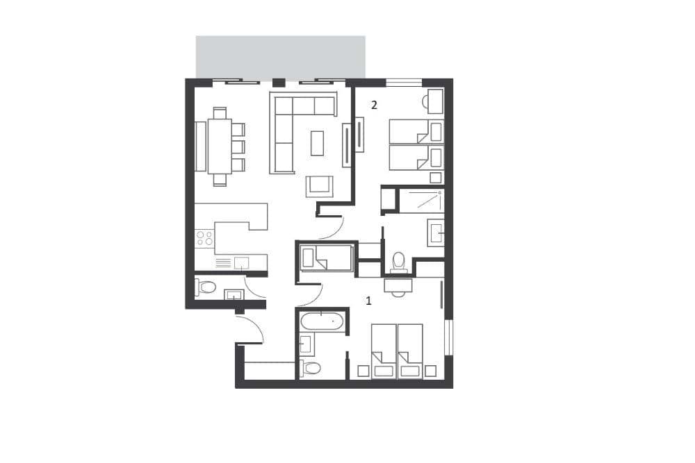 Apartment layout: two bedrooms, two bathrooms, open living area, and outdoor terrace
