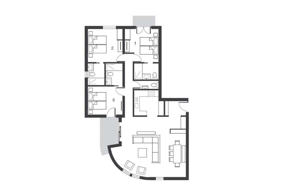 Floor plan: three bedrooms, two bathrooms, and open-plan living area with curved window