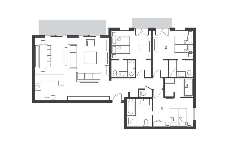 Floor plan: open-plan living area, three bedrooms, and two full bathrooms