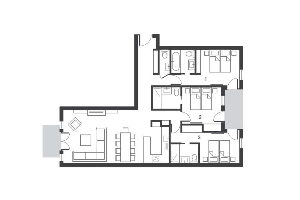 Floor plan: three bedrooms with ensuite bathrooms and open-concept living area