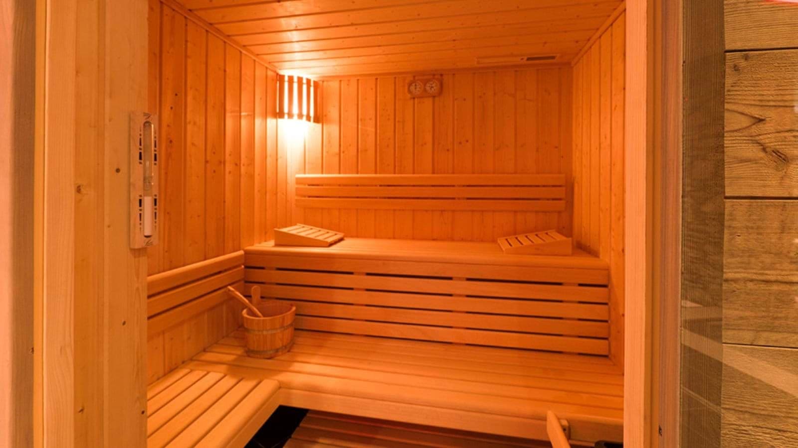 Private cedar sauna with tiered seating and included water bucket