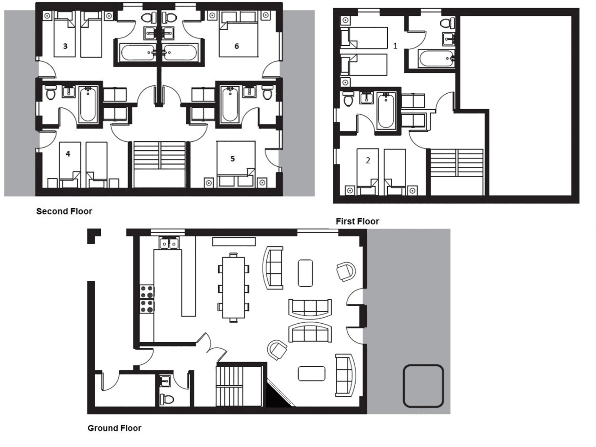 Three-story layout featuring six bedrooms, each with a private ensuite bathroom