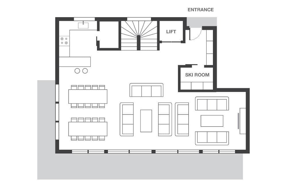 Ground floor layout: ski room, lift access, kitchen, and dining for 20