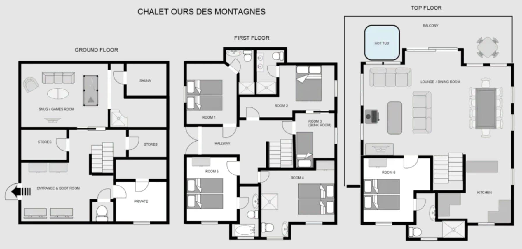 Three-floor layout: features sauna, games room, 6 bedrooms, and top-floor hot tub