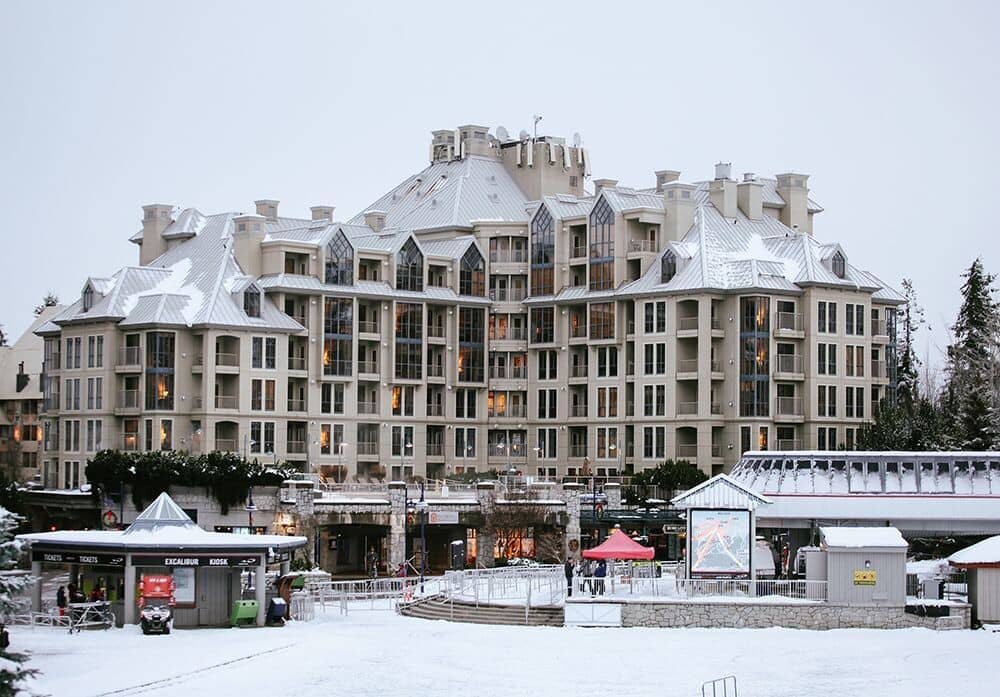 Ski-in, ski-out resort exterior located steps from the Excalibur Gondola